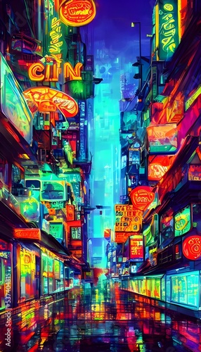 It's a city street at night and the neon lights are shining brightly in all colors.
