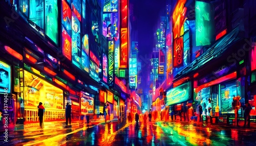 The city street is alive with color and movement. Neon lights flash and flicker, painting the sidewalks in a wash of blues, greens, pinks, and purples. Cars zip up and down the road, their headlights 