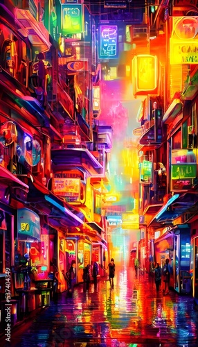 I am standing in the middle of a city street at night. The buildings around me are tall and made of concrete, but they are alive with color. Bright neon signs flash and blink all around me, advertisin