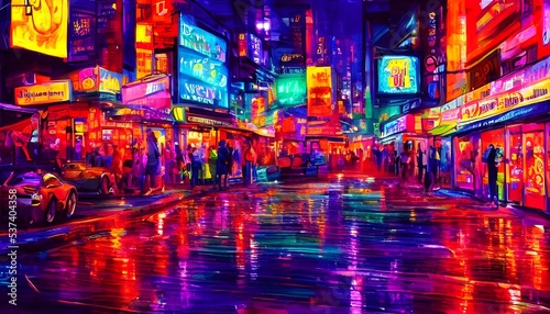 It's a city street at night with colorful neon signs.