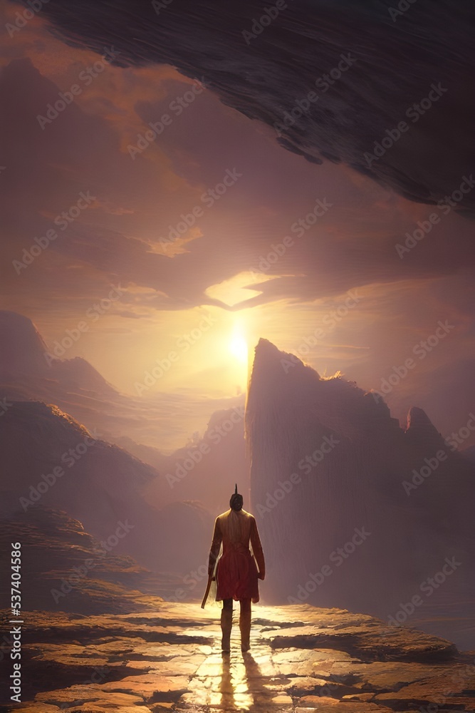 There is a lone figure on an alien landscape. They are standing on a rocky outcropping, and in the distance there is a strange pink sky. There doesn't seem to be any other life around.
