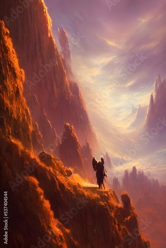 The figure is standing on a rocky outcropping, surveying an alien landscape. The sky is a deep purple, and there are two moons in the distance. The figure is holding a blaster at its side.