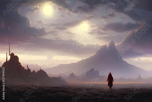 There is a lone figure in an alien landscape. They are standing on a rocky outcropping, and behind them is an endless expanse of sky. In the distance there are mountains, and below them is a desert wa photo