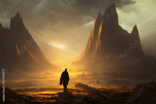 There is a lone figure on an alien landscape. It looks like they are in outer space.