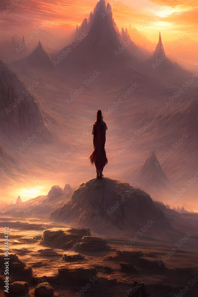 A lone figure, clad in a suit and helmet, stands on an alien landscape. They are surrounded by a vast expanse of rocks and dust, with no sign of any other life forms.