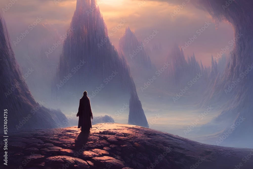The figure is standing on a rocky outcropping, looking out at an unfamiliar landscape. The ground beneath their feet is rough and uneven, and in the distance they can see strange mountains that almost