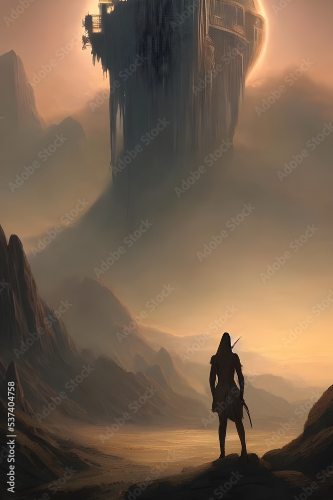 A lone figure stands on an alien landscape, looking out at the stars. They are all that is left of their race, and they must find a new home among the stars.
