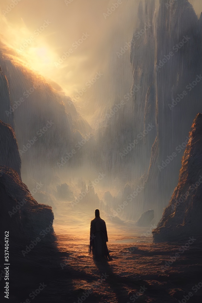 There is a lone figure in an alien landscape. They are standing on a ...