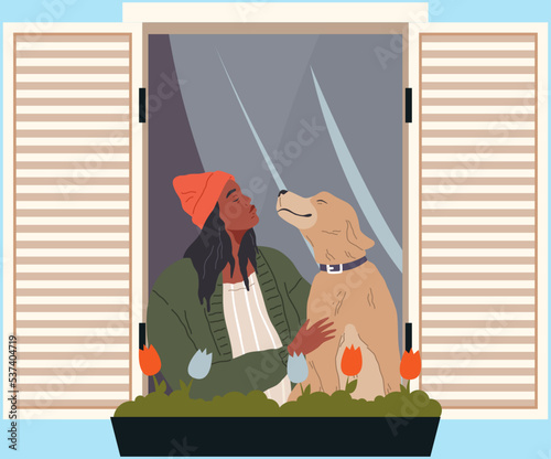 Young girl with dog on balcony. Woman with her pet looking out window, relaxing. Female character with puppy resting in cozy interior. Pet owner spends time at home, enjoys beautiful scenery