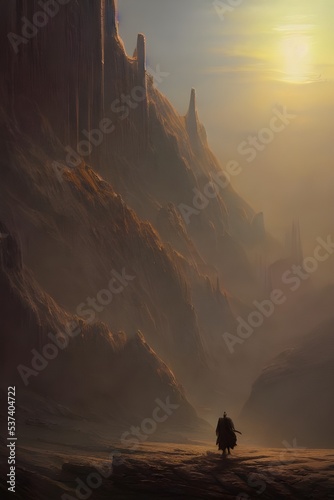 A tall, thin figure stands alone in an eerie landscape. They are wearing a suit with a helmet that obscures their face. In the distance is a large, red planet. The ground is grey and dusty. There appe