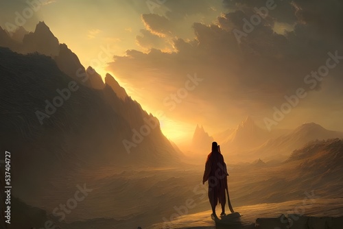 A lone figure stands on an alien landscape, looking out at the stars.