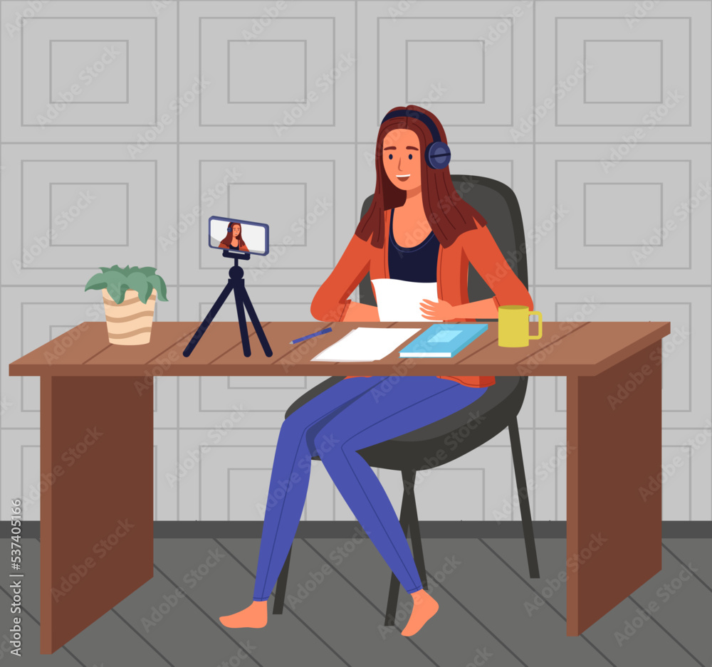 Phone on tripod. People broadcasting, stream on smartphone. Live streaming. Video blog recording, woman blogger using mobile and tripod stand. Illustration of making videos for social media publishing Phone on tripod. People broadcasting, stream on smartphone. Live streaming. Video blog recording, woman blogger using mobile and tripod stand. Illustration of making videos for social media publishing
