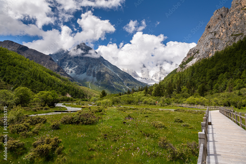 Mountain Peak view from beautiful golden Luorong grassland in Yading Natural Reserve, Sichuan, China.