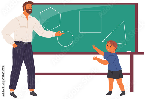 School student boy at lesson learning to draw geometric shapes. Teacher help kid studying, writing on blackboard. Primary school class education. Back to school, male teacher teaches mathematics