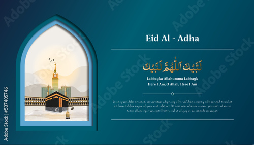 Eid Al-Adha Islamic Banner With Kaaba, Abraj Al-Bait Towers, Masjid Al-Haram Vector photo