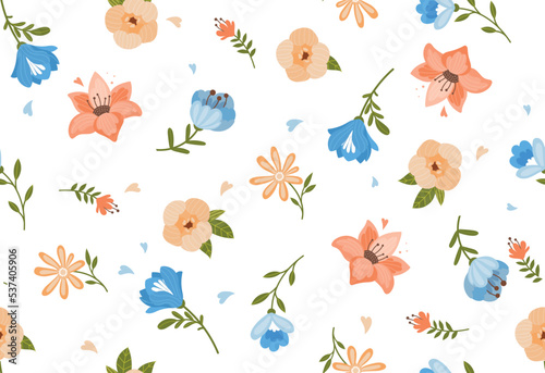Floral seamless pattern. Repeating graphic element for printing on gift wrapping. Spring and summer season  floristry and botany  plants. Poster or banner for website. Cartoon flat vector illustration