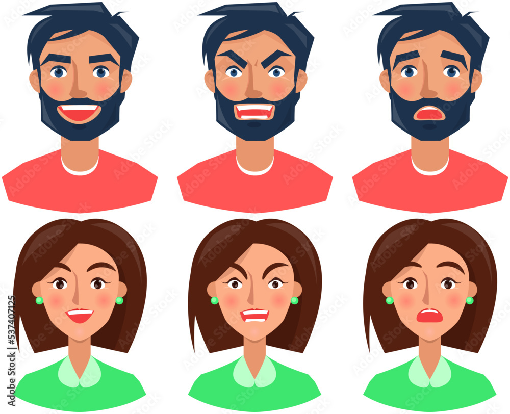 Positive and negative face expressions of man and woman. Cute faces of cartoon people characters. Expressing human emotion. Set of male and female emotions. Happy, sad, neutral and angry people Positive and negative face expressions of man and woman. Cute faces of cartoon people characters. Expressing human emotion. Set of male and female emotions. Happy, sad, neutral and angry people