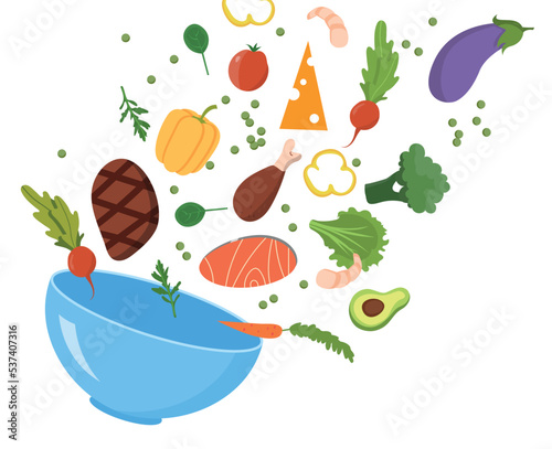 Healthy food in bowl. Natural and organic products, fresh vegetables. Salad, proper nutrition and diet. Healthy food with vitamins. Meat, avocado and broccoli. Cartoon flat vector illustration