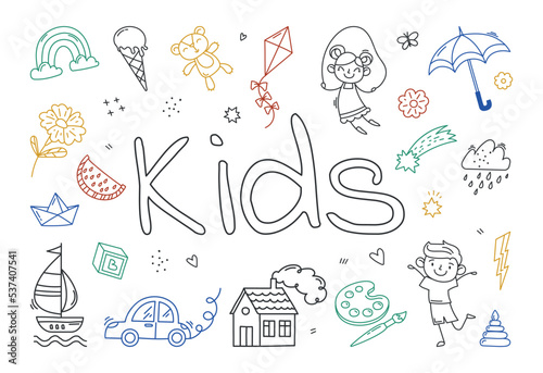 Kids illustration set. Collection of stickers for social networks in hand drawn style. Cute icons for website. Children, home, car. Cartoon flat vector illustrations isolated on white background