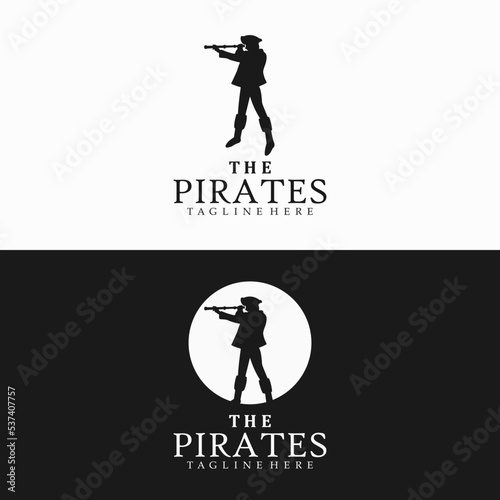 Silhouette of pirates, pirate captain with Eyeglass Eyes Telescope logo design