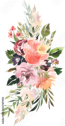 Fototapeta Naklejka Na Ścianę i Meble -  Watercolor Wedding Bouquet Roses Peonies Greenery Red Roses Dahlias For Invitation Cards