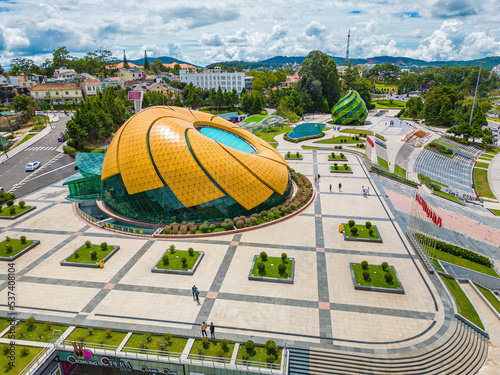 Top view of Lam Vien square at the bank of Xuan Huong Lake. In Vietnam, Da Lat is a popular destination attracting thousands of tourists. Urban development texture, green parks and city lake. photo