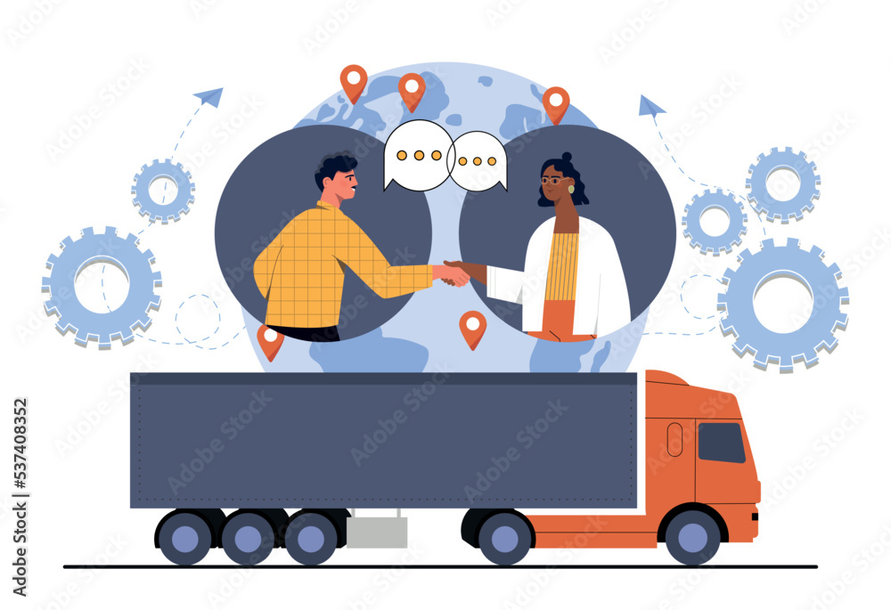 Concept of logistics. Man and woman building route for truck, companies making deal. International trade and transportation, home delivery. Persons shake hands. Cartoon flat vector illustration Concept of logistics. Man and woman building route for truck, companies making deal. International trade and transportation, home delivery. Persons shake hands. Cartoon flat vector illustration
