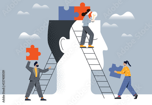 Mental health concept. People near abstract silhouette of head, men and women collect puzzles. Psychology, optimism and positive. Support and help, teamwork. Cartoon flat vector illustration