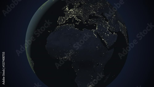 Seamless looping animation of the earth at night zooming in to the 3d map of Iraq with the capital and the biggest cites in 4K resolution photo