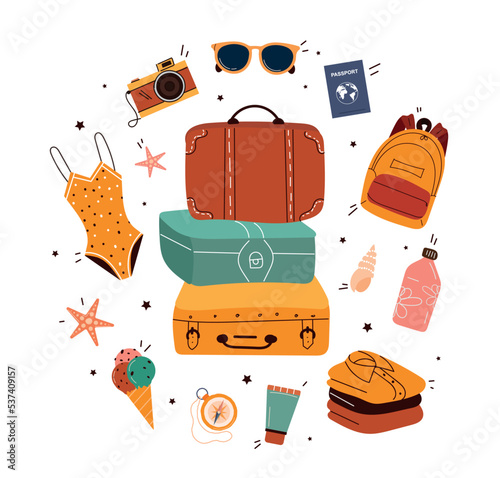 Set of travel. Collection of suitcases and rich, social media stickers. Tropical vacation items. Summer season trip and tourism. Cartoon flat vector illustrations isolated on white background
