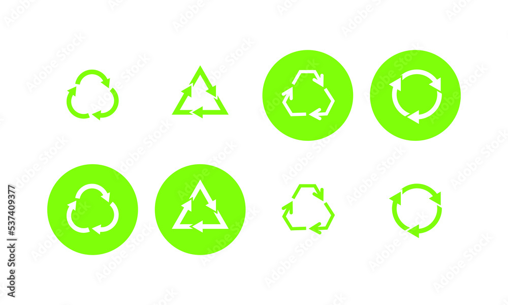 Recycle vector icon set. Arrows, heart and leaf recycle eco green symbol - stock vector. Recycle vector icon set. Arrows, heart and leaf recycle eco green symbol - stock vector.