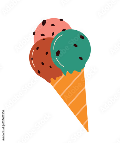 Ice cream icon. Sweets and delicacies, symbol of summer season and holidays, holidays in tropical countries. Fruit balls in cone. Stickers for social networks. Cartoon flat vector illustration