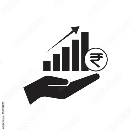 Rupee growth on hand icon design. save money icon, isolated on white background. Vector illustration