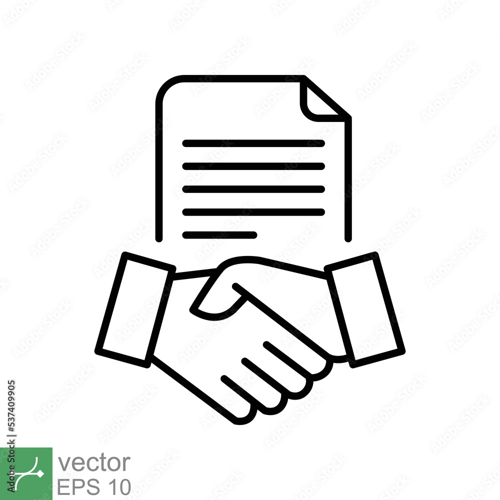 Business contract icon. Simple outline style. Handshake, partners, document, agreement, partnership, business concept. Thin line vector illustration isolated on white background. EPS 10.