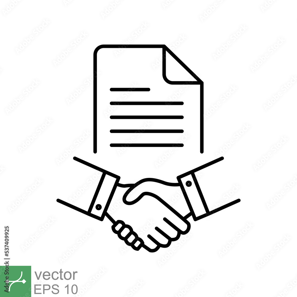 Business contract icon. Simple outline style. Handshake, partners, document, agreement, partnership, business concept. Thin line vector illustration isolated on white background. EPS 10. Business contract icon. Simple outline style. Handshake, partners, document, agreement, partnership, business concept. Thin line vector illustration isolated on white background. EPS 10.
