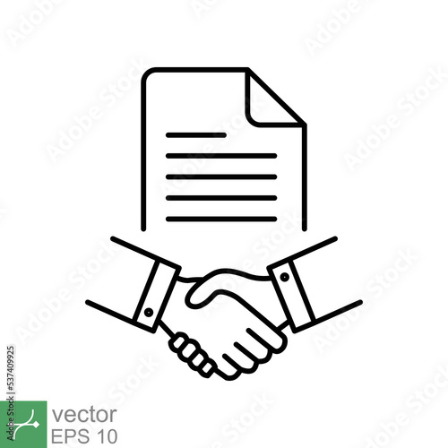 Business contract icon. Simple outline style. Handshake, partners, document, agreement, partnership, business concept. Thin line vector illustration isolated on white background. EPS 10.