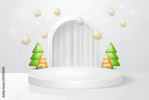 Christmas and New Year white podium with christmas tree decoration background