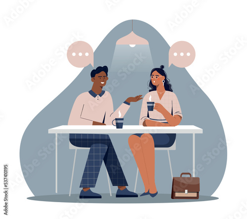 Couple with hot drinks. Man and woman sitting at table, talking and drinking coffee or tea. Cafe or restaurant. Family on romantic date, employees on lunch break. Cartoon flat vector illustration