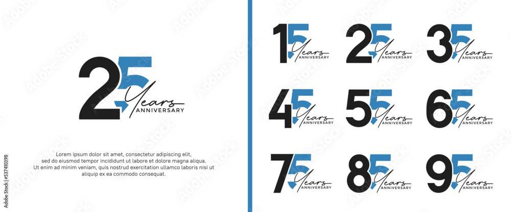set of anniversary logo black and blue color on white background for celebration moment - obrazy, fototapety, plakaty 