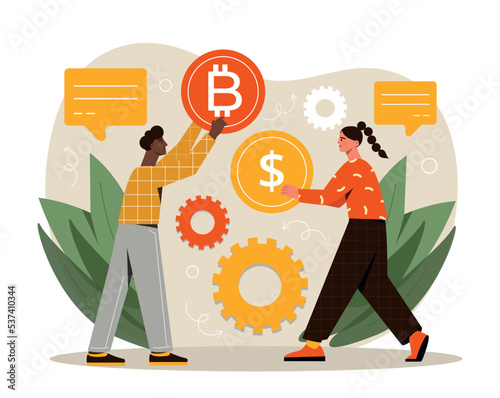 Currency exchange concept. Man hands woman bitcoin and takes dollar. Investing in cryptocurrency, financial literacy and passive income. Economy and traders. Cartoon flat vector illustration