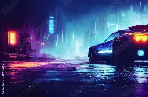 Sci-fi fantasy futuristic car background art scifi artwork tech technology automotive digital illustration art wallpaper future concept dystopia cyberpunk  photo