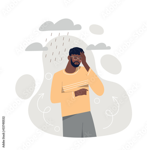Blamed man concept. Sad man covers his head with his hand from rain. Metaphor of mental health and psychological problems. Frustration and depression, sadness. Cartoon flat vector illustration