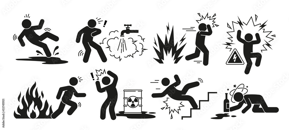 Set of warning signs. Fire, high voltage electricity, slippery floors, steep stairs, toxic substances. Risk symbols for personal safety. Cartoon flat vector collection isolated on white background