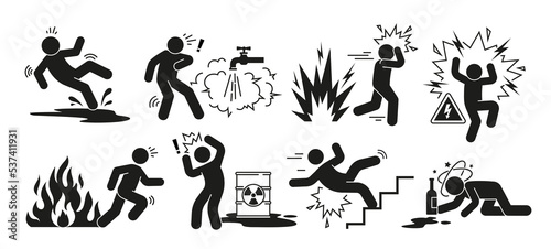 Set of warning signs. Fire, high voltage electricity, slippery floors, steep stairs, toxic substances. Risk symbols for personal safety. Cartoon flat vector collection isolated on white background