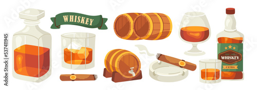 Set of whiskey symbols. Stickers with bottle, mug or glass decanter with alcoholic drink, bourbon or scotch. Smoking cigars and beverage with ice cube. Cartoon flat vector collection isolated on white