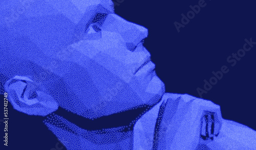 Time to think. A man with his hand on his chin as though he was thinking. Artificial intelligence concept. Searching for answers. Your personal assistent. 3D vector illustration.