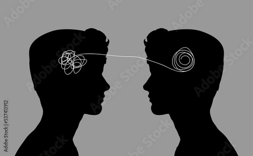 Abstract concept tangled brain, therapist, patient. Two humans head silhouette psycho therapy concept. Therapist and patient. Vector illustration