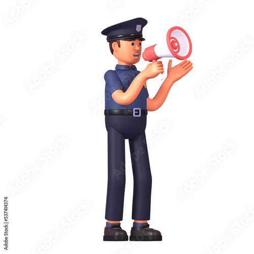 3d render of police officer holding megaphone, making speech, announcement