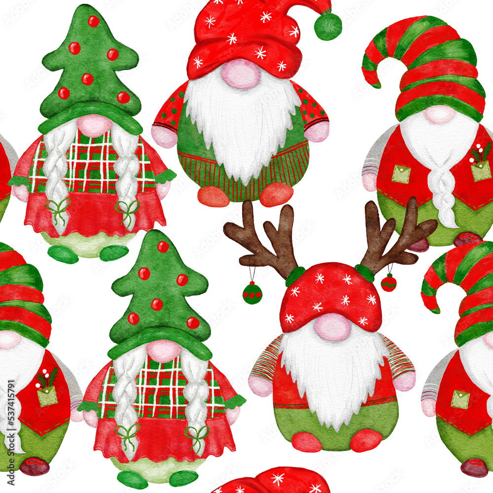 Hand drawn seamless watercolor pattern with Christmas scandinavian gnomes. Red green festive nordic ornament cute hats funny winter background. Hand drawn seamless watercolor pattern with Christmas scandinavian gnomes. Red green festive nordic ornament cute hats funny winter background.