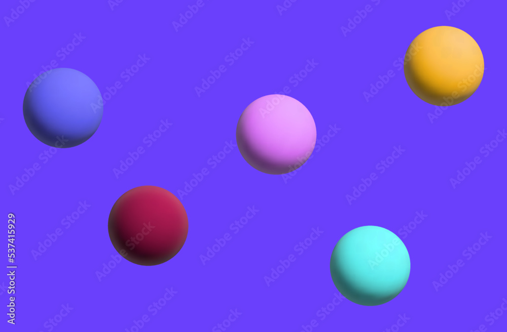 Multicolored spheres 3d. Modern abstract background with round shapes. colored balls in magenta space. Cool cover concept of flying spheres for banner design. Energy magic ball. Vector illustration.